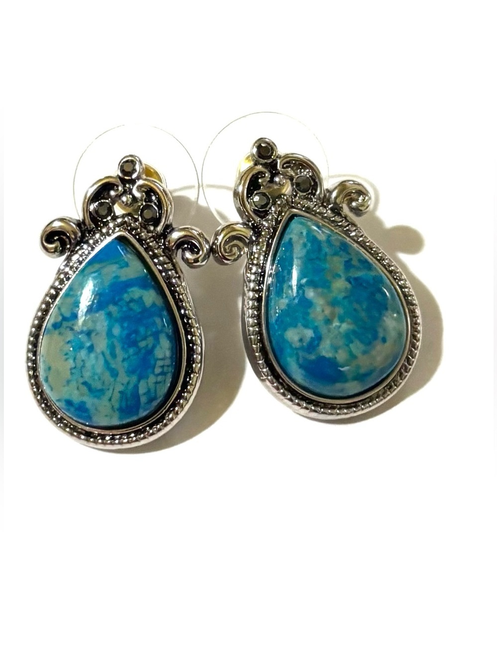 Fashion Jewelry Silver Teardrop Earrings with Turquoise Blue Stones
